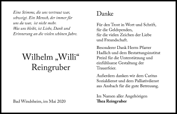 Traueranzeige von Wilhelm Reingruber von Windsheimer Zeitung Lokal