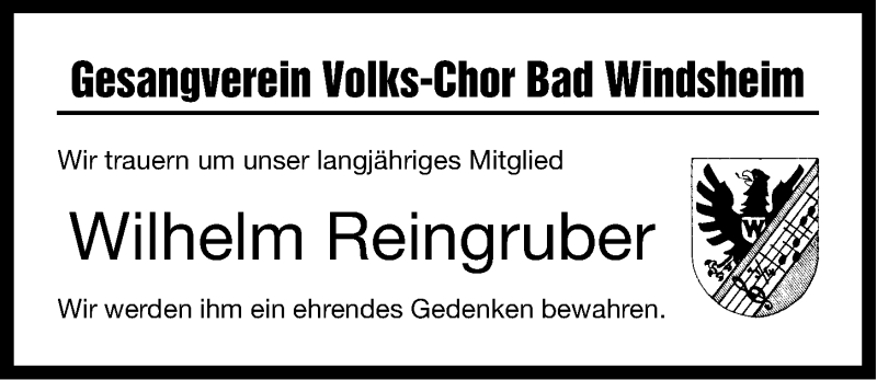  Traueranzeige für Wilhelm Reingruber vom 07.05.2020 aus Windsheimer Zeitung Lokal