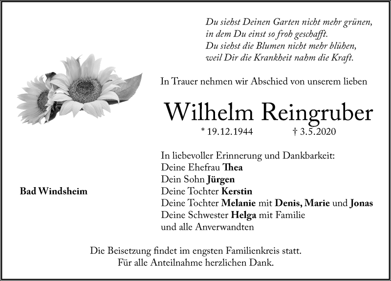  Traueranzeige für Wilhelm Reingruber vom 06.05.2020 aus Windsheimer Zeitung Lokal