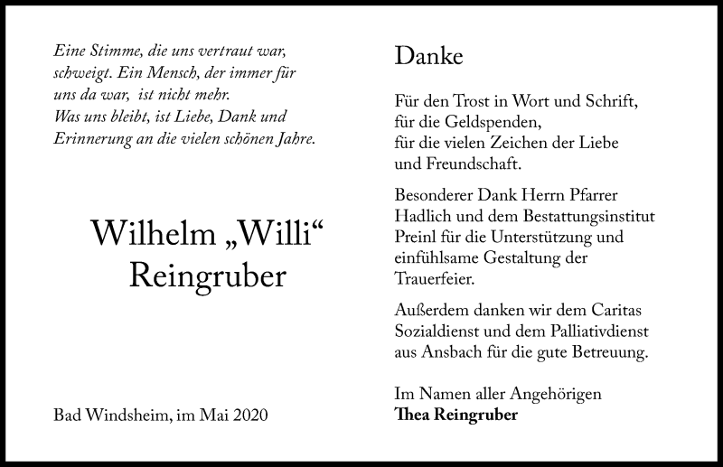  Traueranzeige für Wilhelm Reingruber vom 23.05.2020 aus Windsheimer Zeitung Lokal