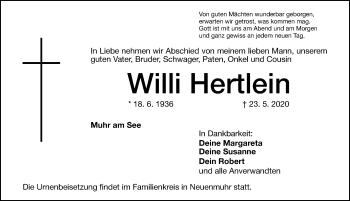 Traueranzeige von Willi Hertlein von Altmühl-Bote Lokal