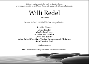 Traueranzeige von Willi Redel von Nordbayerische Nachrichten Forchheim Lokal