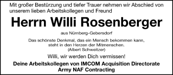 Traueranzeige von Willi Rosenberger von Gesamtausgabe Nürnberger Nachrichten/ Nürnberger Ztg.