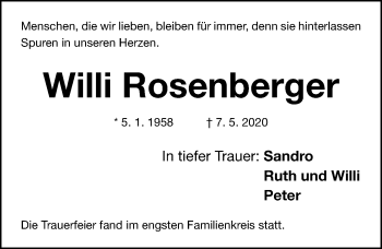 Traueranzeige von Willi Rosenberger von Gesamtausgabe Nürnberger Nachrichten/ Nürnberger Ztg.