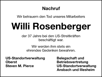 Traueranzeige von Willi Rosenberger von Gesamtausgabe Nürnberger Nachrichten/ Nürnberger Ztg.