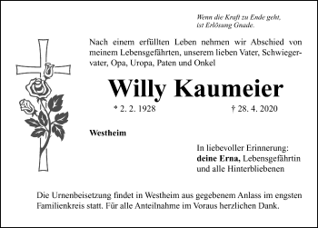Traueranzeige von Willy Kaumeier von Altmühl-Bote Lokal