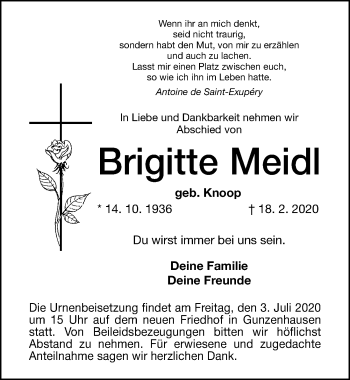 Traueranzeige von Brigitte Meidl von Altmühl-Bote Lokal
