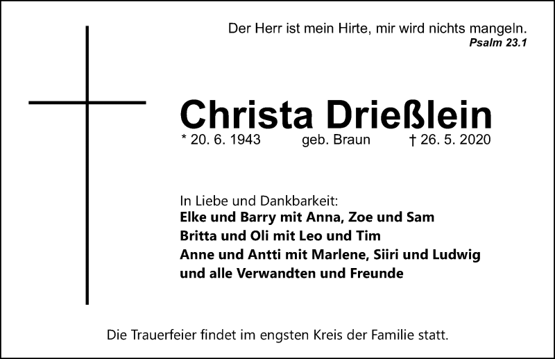  Traueranzeige für Christa Drießlein vom 06.06.2020 aus Gesamtausgabe Nürnberger Nachrichten/ Nürnberger Ztg.