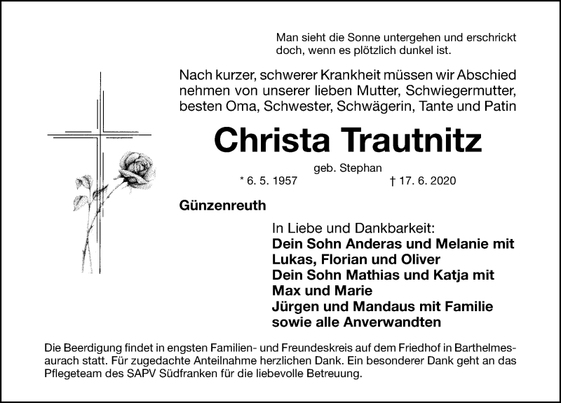  Traueranzeige für Christa Trautnitz vom 19.06.2020 aus Roth-Hilpoltsteiner Volkszeitung Lokal