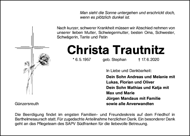  Traueranzeige für Christa Trautnitz vom 19.06.2020 aus Schwabach