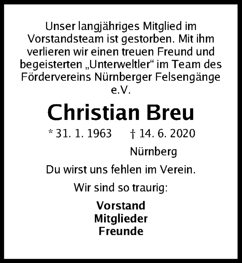  Traueranzeige für Christian Breu vom 20.06.2020 aus Gesamtausgabe Nürnberger Nachrichten/ Nürnberger Ztg.