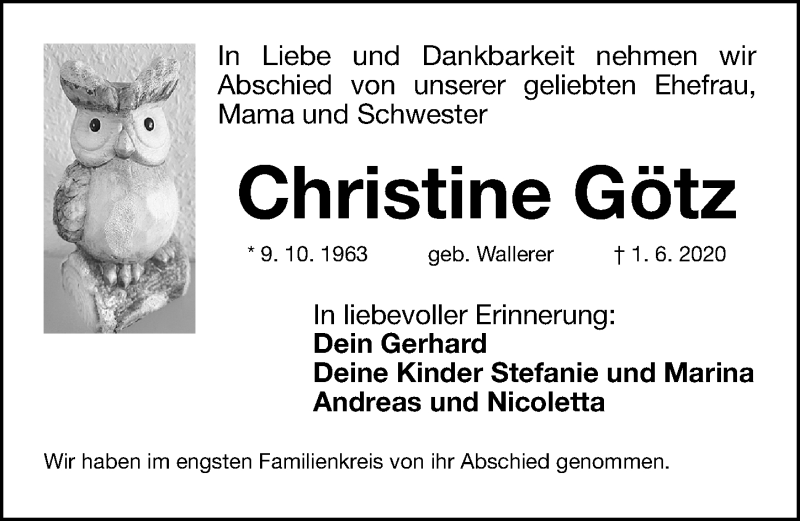  Traueranzeige für Christine Götz vom 06.06.2020 aus Fürther Nachrichten Lokal