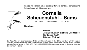 Traueranzeige von Cornelia Scheuenstuhl-Sams von Gesamtausgabe Nürnberger Nachrichten/ Nürnberger Ztg.