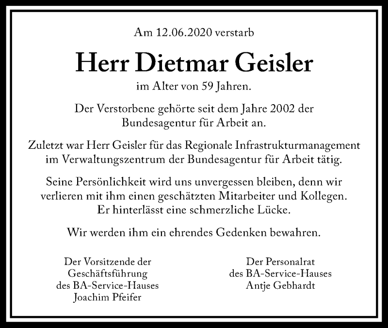  Traueranzeige für Dietmar Geisler vom 20.06.2020 aus Gesamtausgabe Nürnberger Nachrichten/ Nürnberger Ztg.