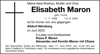 Traueranzeige von Elisabeth Maron von Gesamtausgabe Nürnberger Nachrichten/ Nürnberger Ztg.