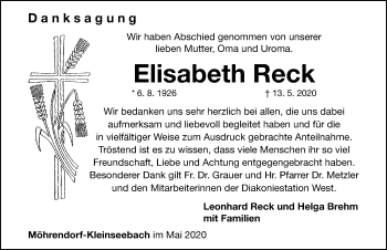 Traueranzeige von Elisabeth Reck von Erlanger Nachrichten Lokal