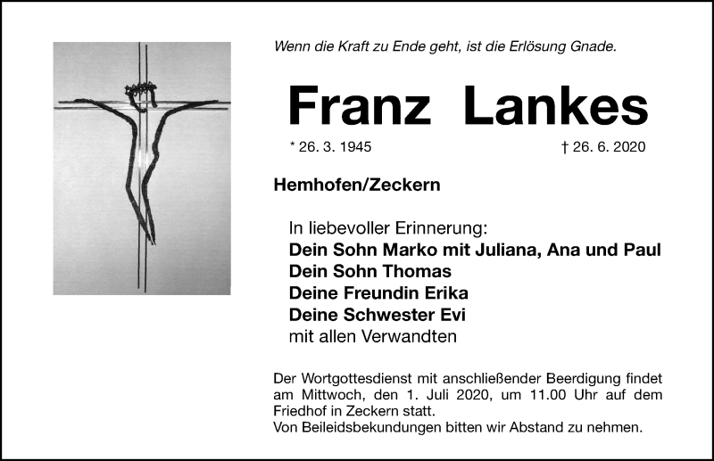  Traueranzeige für Franz Lankes vom 30.06.2020 aus Nordbayerische Nachrichten Herzogenaurach Lokal