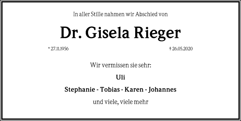  Traueranzeige für Gisela Rieger vom 03.06.2020 aus Gesamtausgabe Nürnberger Nachrichten/ Nürnberger Ztg.