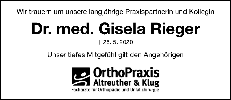  Traueranzeige für Gisela Rieger vom 06.06.2020 aus Gesamtausgabe Nürnberger Nachrichten/ Nürnberger Ztg.