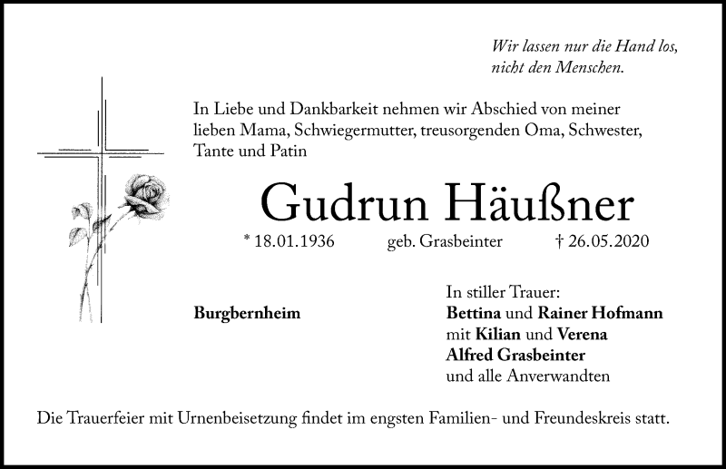  Traueranzeige für Gudrun Häußner vom 08.06.2020 aus Windsheimer Zeitung Lokal
