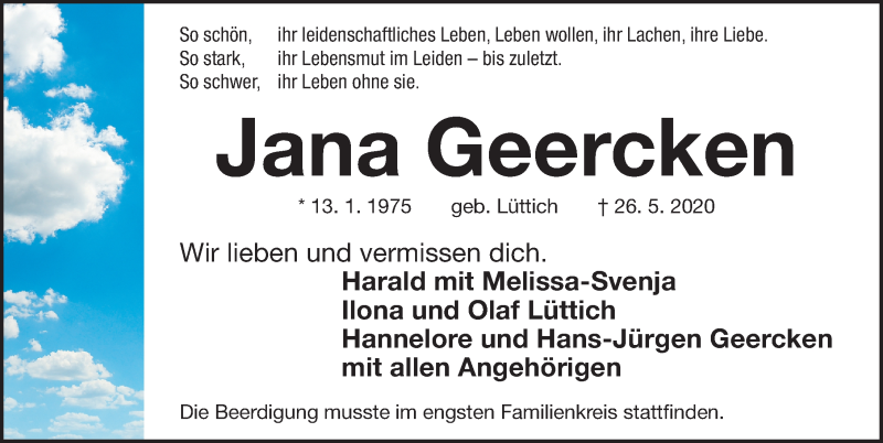  Traueranzeige für Jana Geercken vom 06.06.2020 aus Gesamtausgabe Nürnberger Nachrichten/ Nürnberger Ztg.