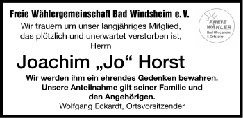 Traueranzeige von Joachim Horst von Windsheimer Zeitung Lokal