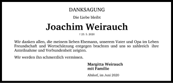 Traueranzeige von Joachim Weirauch von Gesamtausgabe Nürnberger Nachrichten/ Nürnberger Ztg.