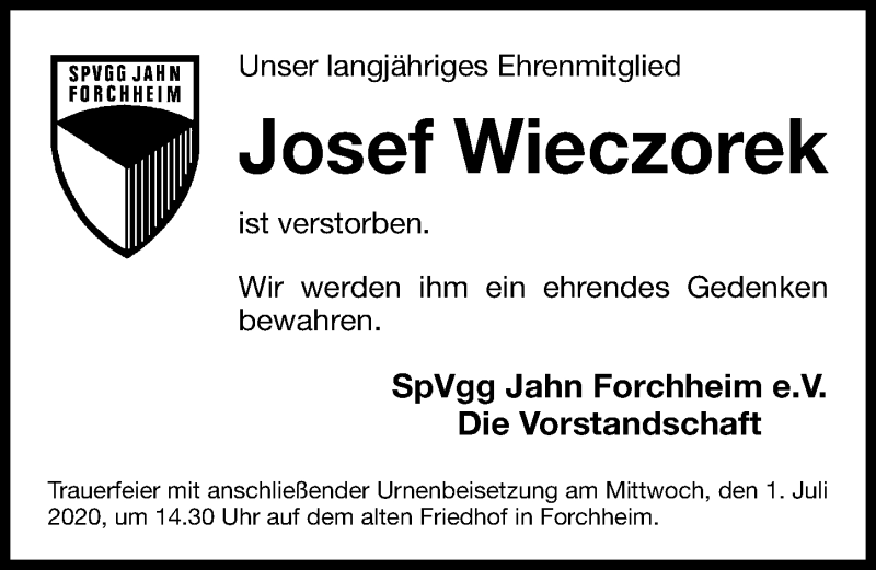  Traueranzeige für Josef Wieczorek vom 30.06.2020 aus Nordbayerische Nachrichten Forchheim Lokal