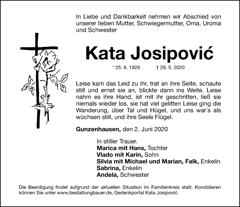  Traueranzeige für Kata Josipovic vom 02.06.2020 aus Altmühl-Bote Lokal