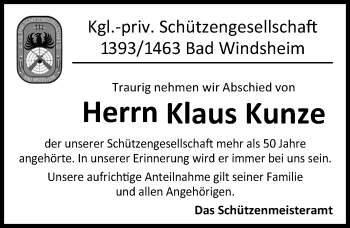 Traueranzeige von Klaus Kunze von Windsheimer Zeitung Lokal