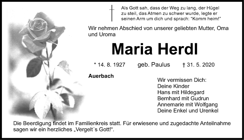  Traueranzeige für Maria Herdl vom 03.06.2020 aus Nordbayerische Nachrichten Pegnitz Lokal