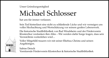 Traueranzeige von Michael Schlosser von Windsheimer Zeitung Lokal