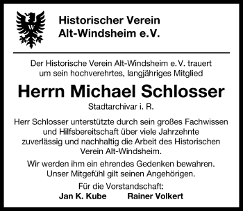 Traueranzeige von Michael Schlosser von Windsheimer Zeitung Lokal