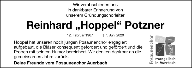  Traueranzeige für Reinhard Potzner vom 11.06.2020 aus Nordbayerische Nachrichten Pegnitz Lokal