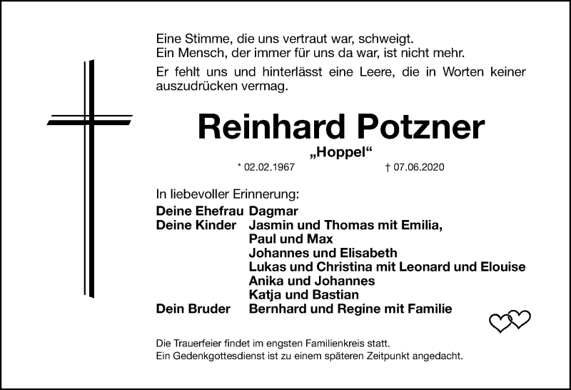  Traueranzeige für Reinhard Potzner vom 11.06.2020 aus Nordbayerische Nachrichten Pegnitz Lokal