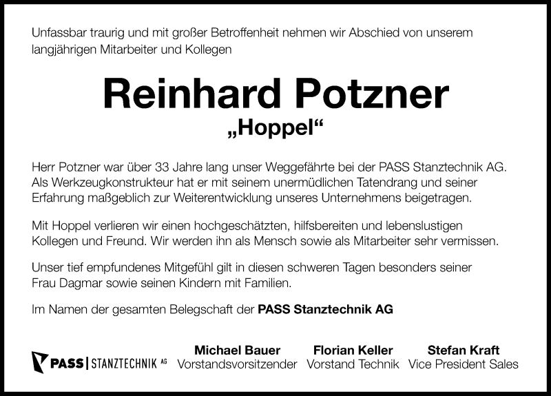  Traueranzeige für Reinhard Potzner vom 11.06.2020 aus Nordbayerische Nachrichten Pegnitz Lokal