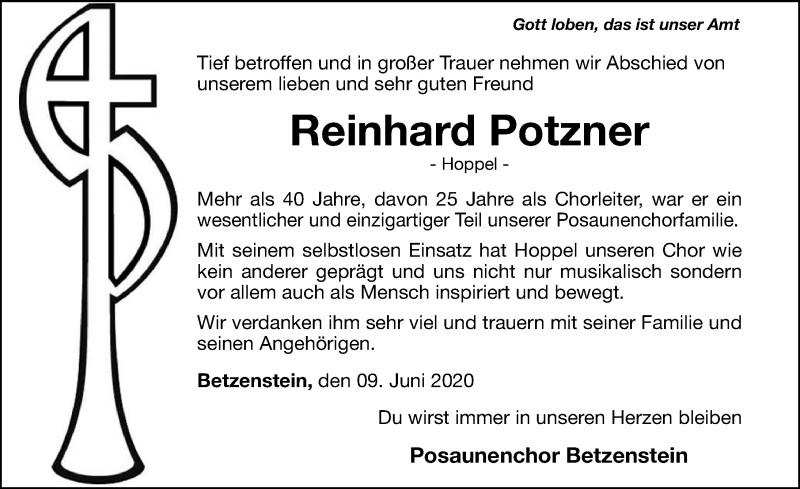  Traueranzeige für Reinhard Potzner vom 11.06.2020 aus Nordbayerische Nachrichten Pegnitz Lokal