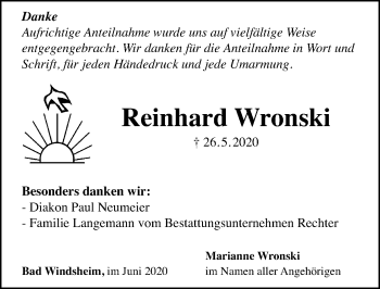 Traueranzeige von Reinhard Wronski von Windsheimer Zeitung Lokal