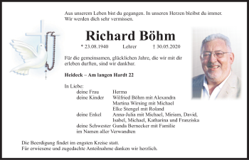 Traueranzeige von Richard Böhm von Roth-Hilpoltsteiner Volkszeitung Lokal
