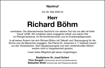 Traueranzeige von Richard Böhm von Roth-Hilpoltsteiner Volkszeitung Lokal