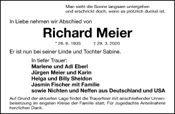 Traueranzeige von Richard Meier von Gesamtausgabe Nürnberger Nachrichten/ Nürnberger Ztg.
