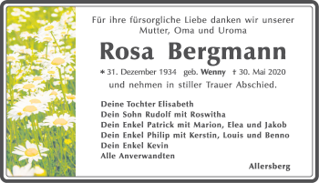 Traueranzeige von Rosa Bergmann von Roth-Hilpoltsteiner Volkszeitung Lokal