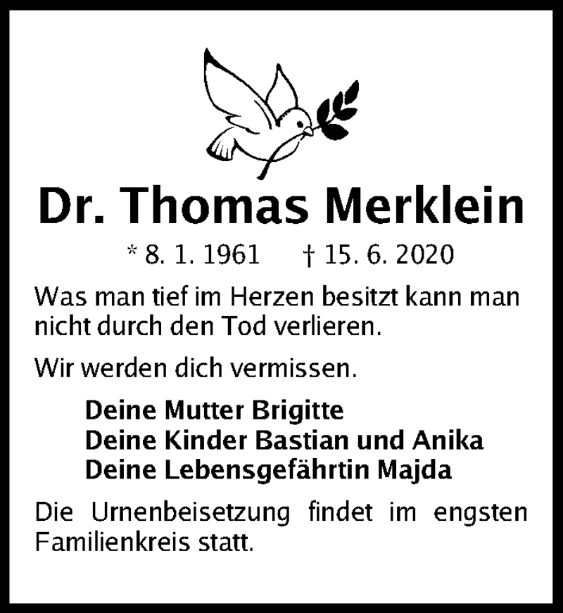  Traueranzeige für Thomas Merklein vom 27.06.2020 aus Erlanger Nachrichten Lokal