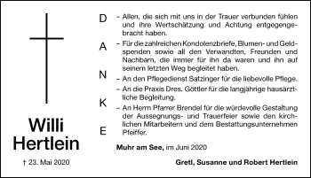 Traueranzeige von Willi Hertlein von Altmühl-Bote Lokal