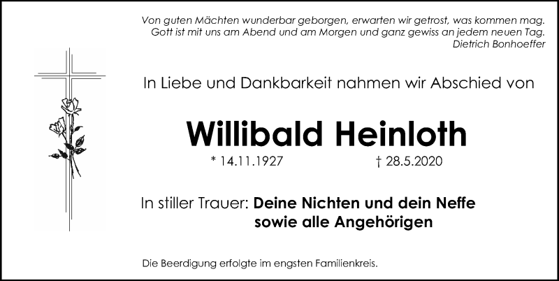  Traueranzeige für Willibald Heinloth vom 06.06.2020 aus Schwabach