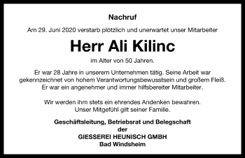 Traueranzeige von Ali Kilinc von Windsheimer Zeitung Lokal