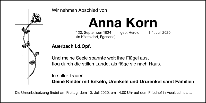  Traueranzeige für Anna Korn vom 04.07.2020 aus Nordbayerische Nachrichten Pegnitz Lokal