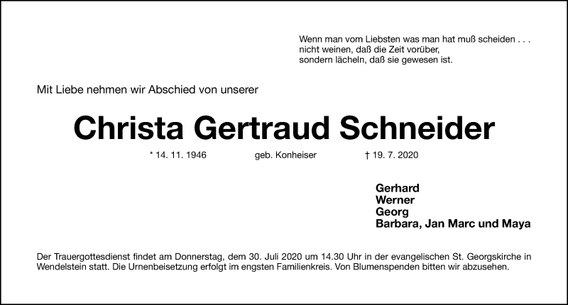  Traueranzeige für Christa Gertraud Schneider vom 29.07.2020 aus Gesamtausgabe Nürnberger Nachrichten/ Nürnberger Ztg.