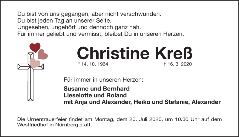  Traueranzeige für Christine Kreß vom 18.07.2020 aus Gesamtausgabe Nürnberger Nachrichten/ Nürnberger Ztg.