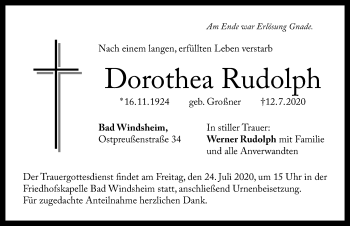 Traueranzeige von Dorothea Rudolph von Windsheimer Zeitung Lokal